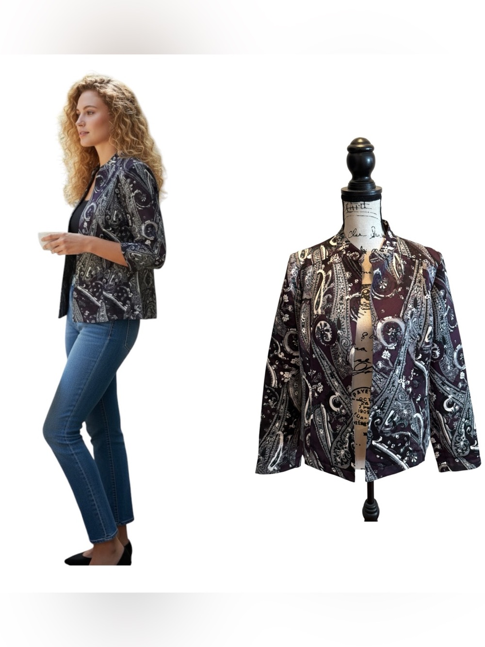 Chicos Open Front Blazer Jacket Purple Paisley Size 1 Medium Mock Neck